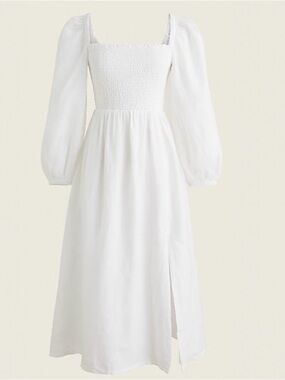 J. Crew White Linen SMOCKED TOP MIDI SLIT DRESS